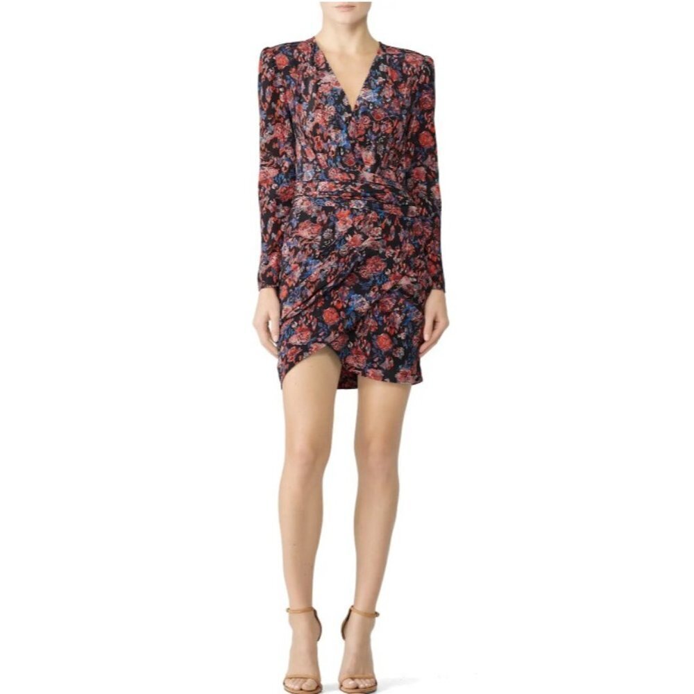 IRO Floral Fling Sheath Silk Long Sleeve Ruched Mini Dress Size 34/2